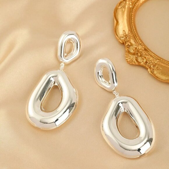 Silver OR Gold women's Lightweight Geometric Oval Chunky Drop Earrings - Picture 3 of 7